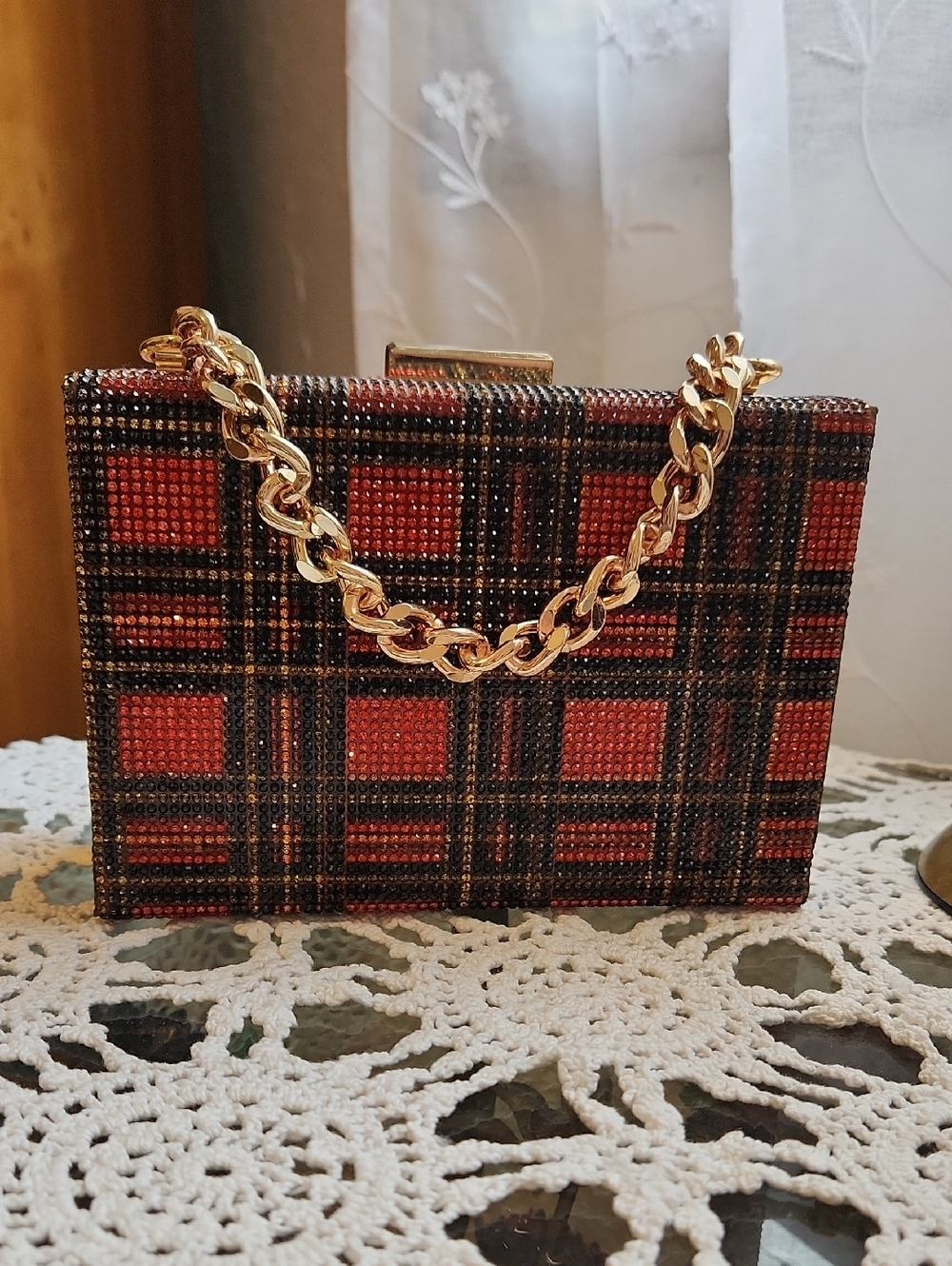 Shiny Red Plaid Chain-Handle Evening Bag by Nina